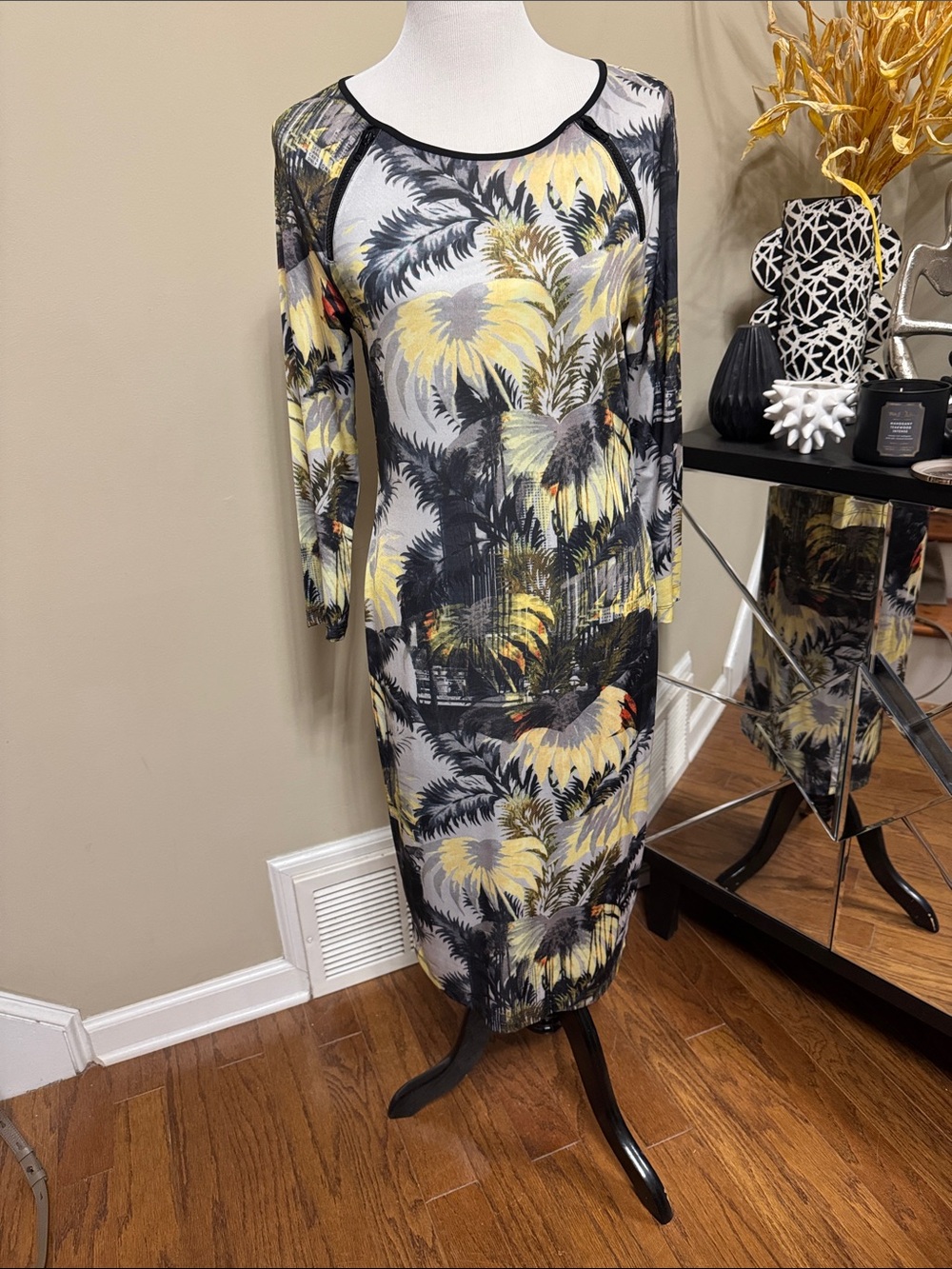 Philosophy Tropical Palm Print Long Sleeve Dress in Yellow & Gray Size L NWT